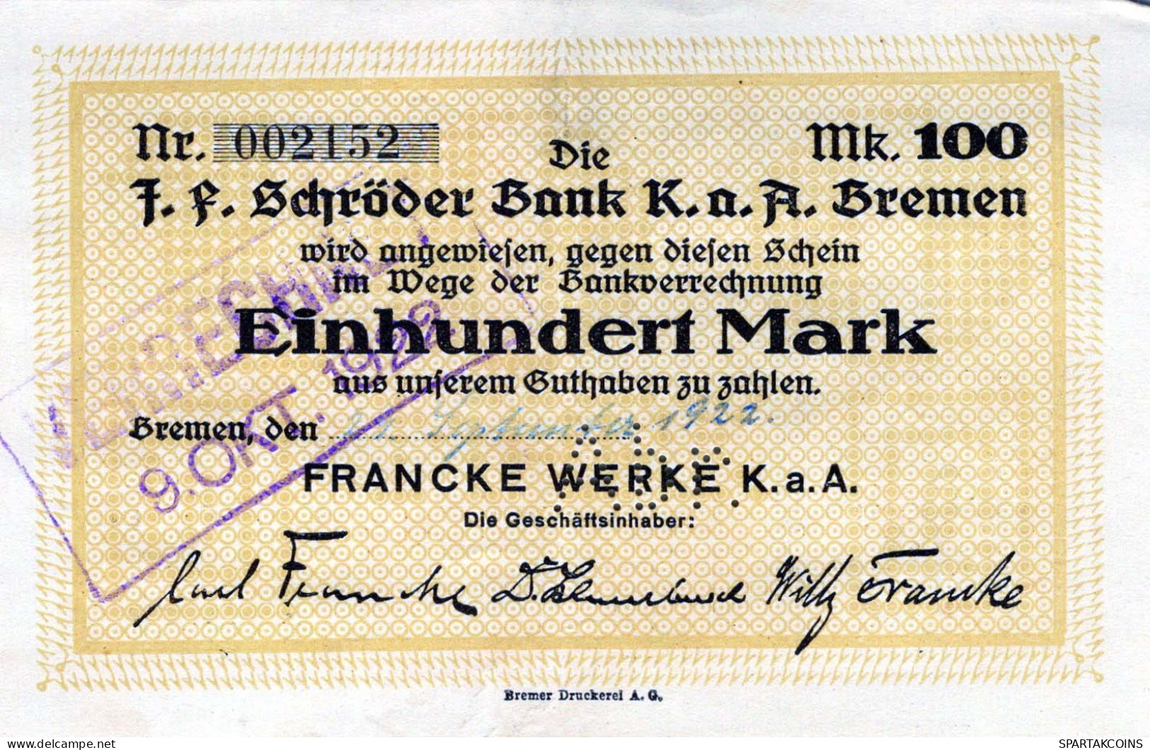 100 MARK 1923 Stadt BREMEN Bremen UNC DEUTSCHLAND Notgeld Papiergeld Banknote #PK753 - [11] Local Banknote Issues