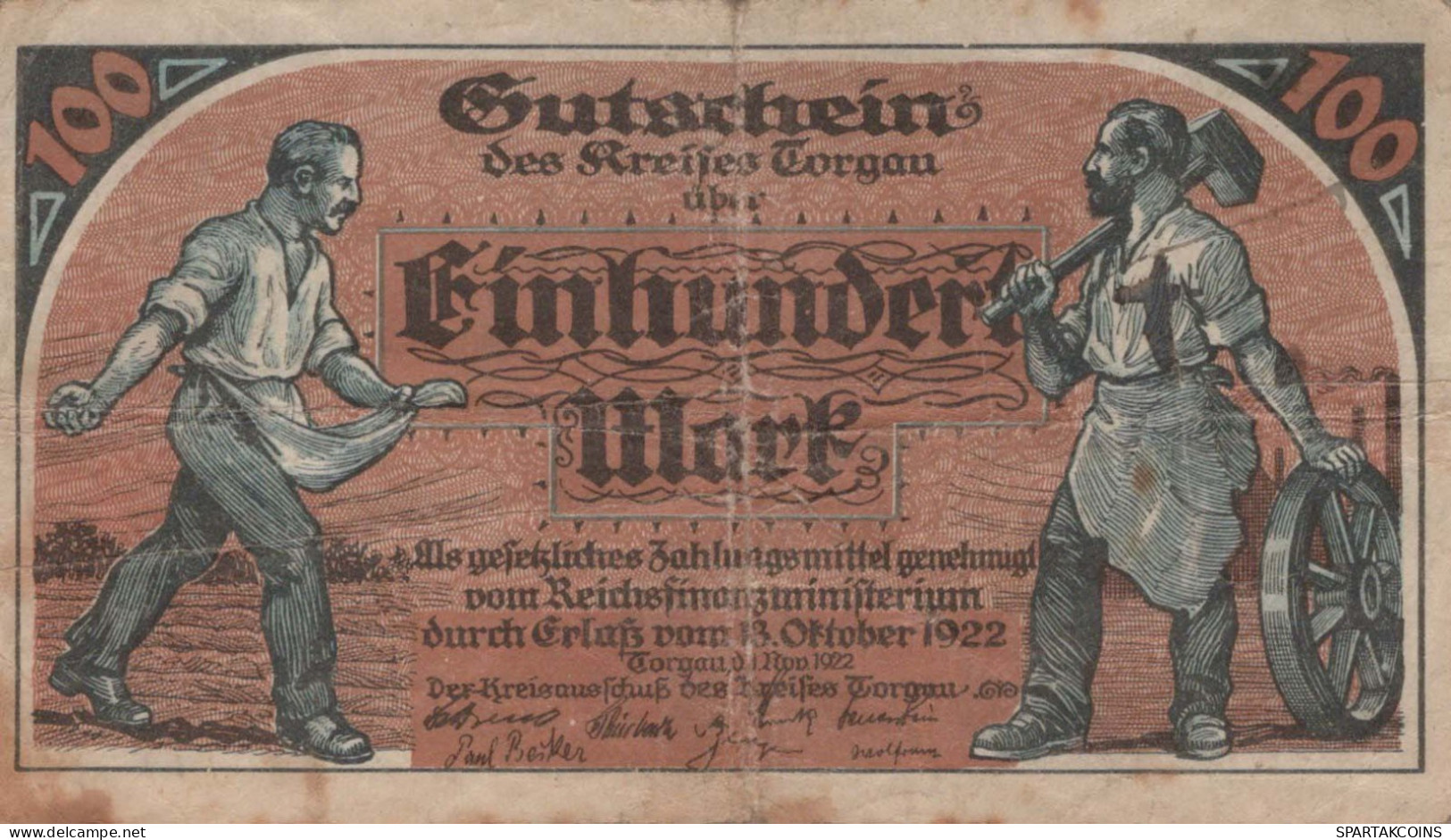 100 MARK 1922 Stadt TORGAU Saxony DEUTSCHLAND Notgeld Papiergeld Banknote #PK940 - [11] Local Banknote Issues