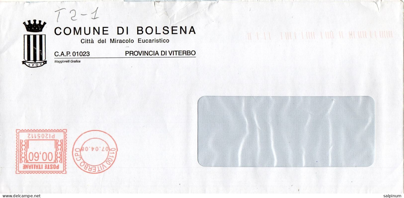 Stemma Comune Di Bolsena (Provincia Di Viterbo) Su Bustone Tipo 2 Anno 2008 - Sobres