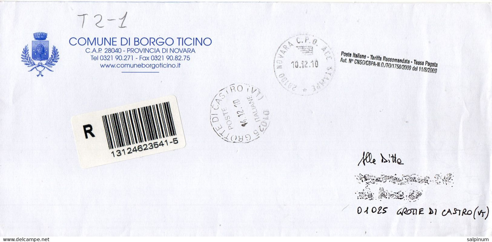 Stemma Comune Di Borgo Ticino (Provincia Di Novara) Su Busta Tipo 2 Anno 2010 - Enveloppes