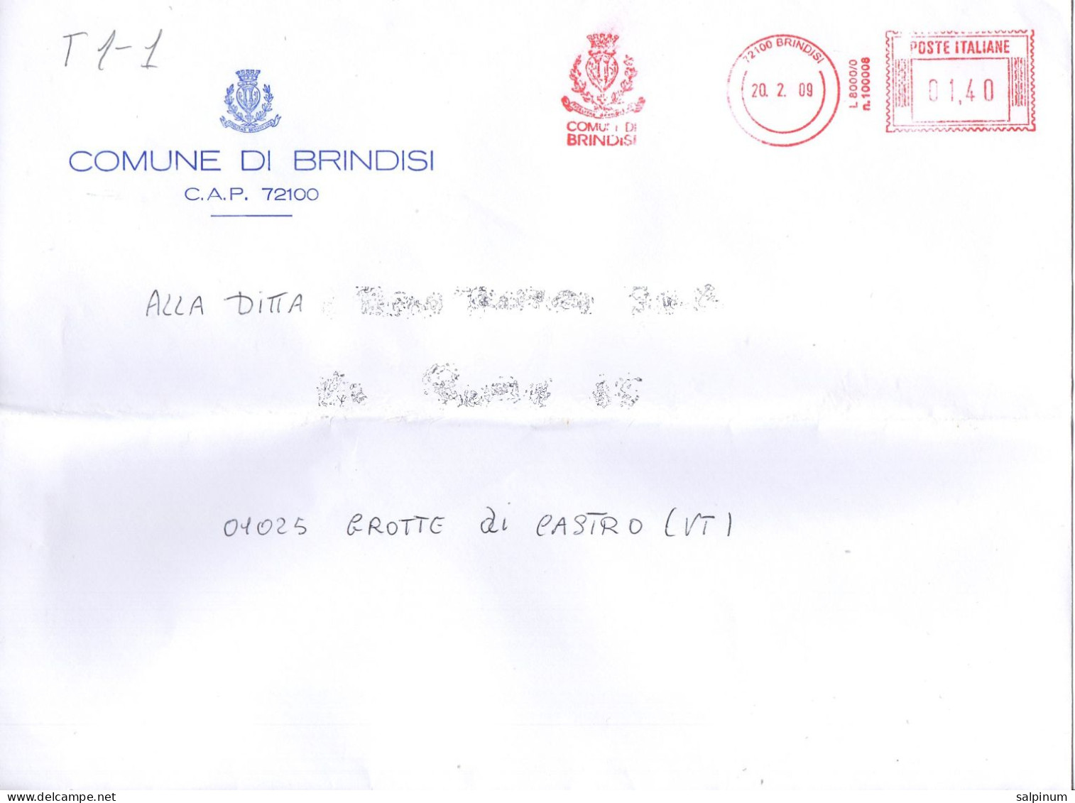 Stemma Comune Di Brindisi (Provincia Di Brindisi) Su Bustone Tipo 1 Anno 2009 - Enveloppes