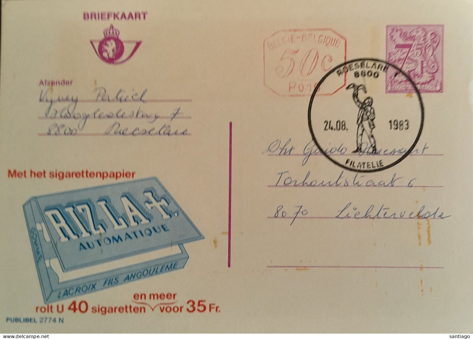 Publibel : Nr 2774 N  P010 :  RIZLA  / Verstuurd Te Roeselare / Speciale Afstempeling A. Rodenbach - Publibels