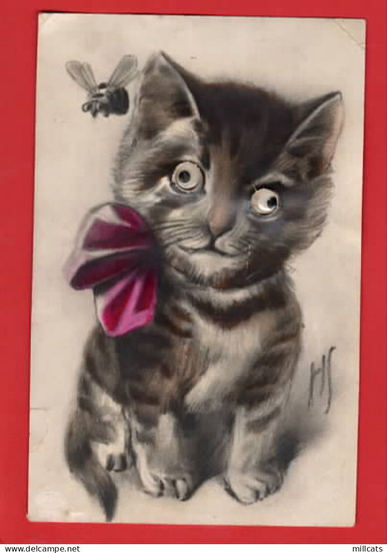 H S    CAT WITH GLASS EYES  LARGE PINK BOW   +  BEE RP  NOVELTY  - Chats