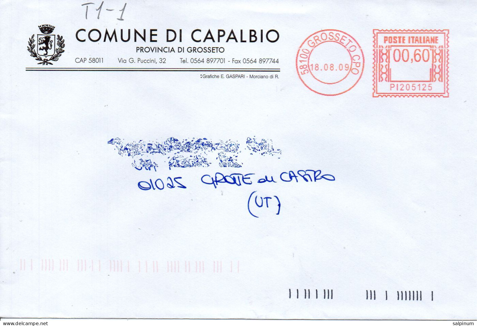 Stemma Comune Di Capalbio (Provincia Di Grosseto) Su Busta Tipo 1 Anno 2009 - Briefe U. Dokumente