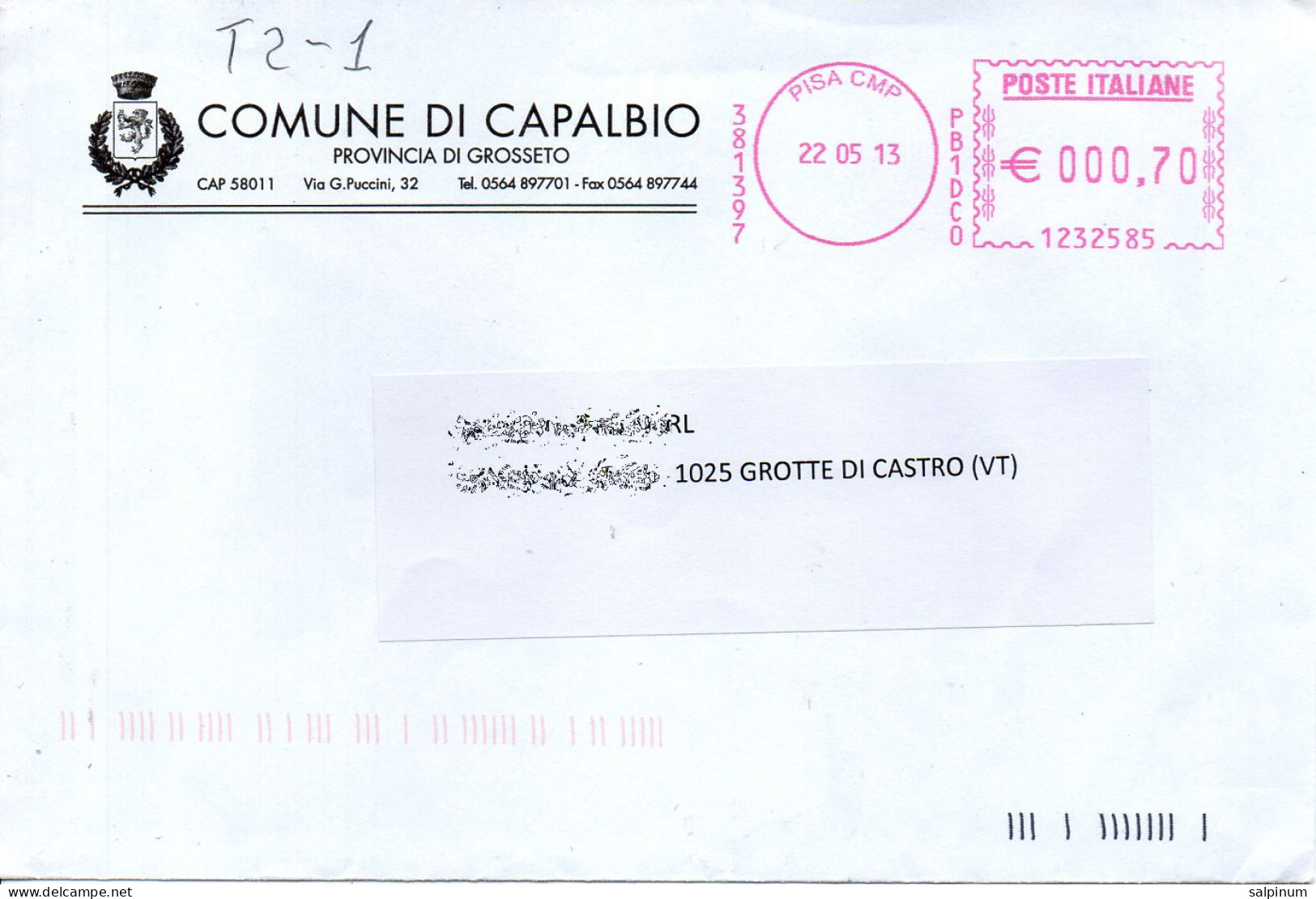 Stemma Comune Di Capalbio (Provincia Di Grosseto) Su Busta Tipo 2 Anno 2013 - Covers