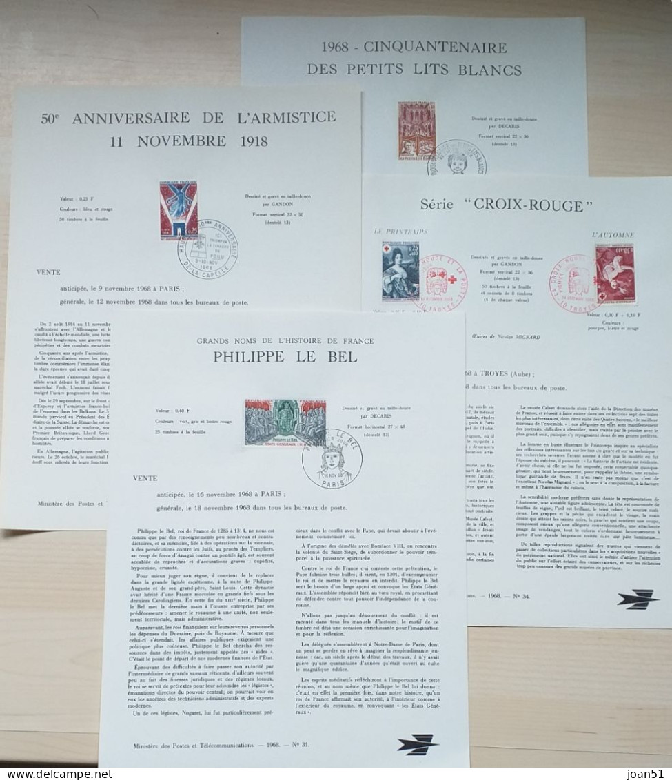 8 NOTICES POSTES ET TELECOMMUCATIONS TIMBRES PREMIER JOUR 1968 N° 3, 16, 28, 29, 29, 31, 33, 34, - Documents De La Poste