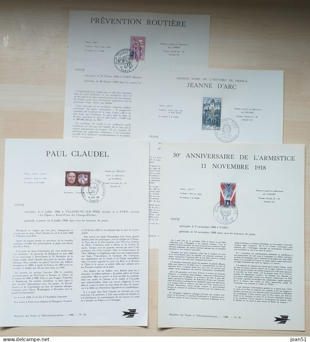 8 NOTICES POSTES ET TELECOMMUCATIONS TIMBRES PREMIER JOUR 1968 N° 3, 16, 28, 29, 29, 31, 33, 34, - Documents De La Poste