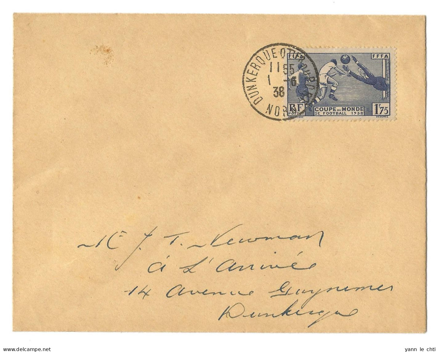 Premier Jour  -  01 06 1938  - Coupe Du Monde De Football - 1.75 Bleu   FIFA   FFFA  CAD Dunkerque Quartier Du Port Nord - Briefe U. Dokumente