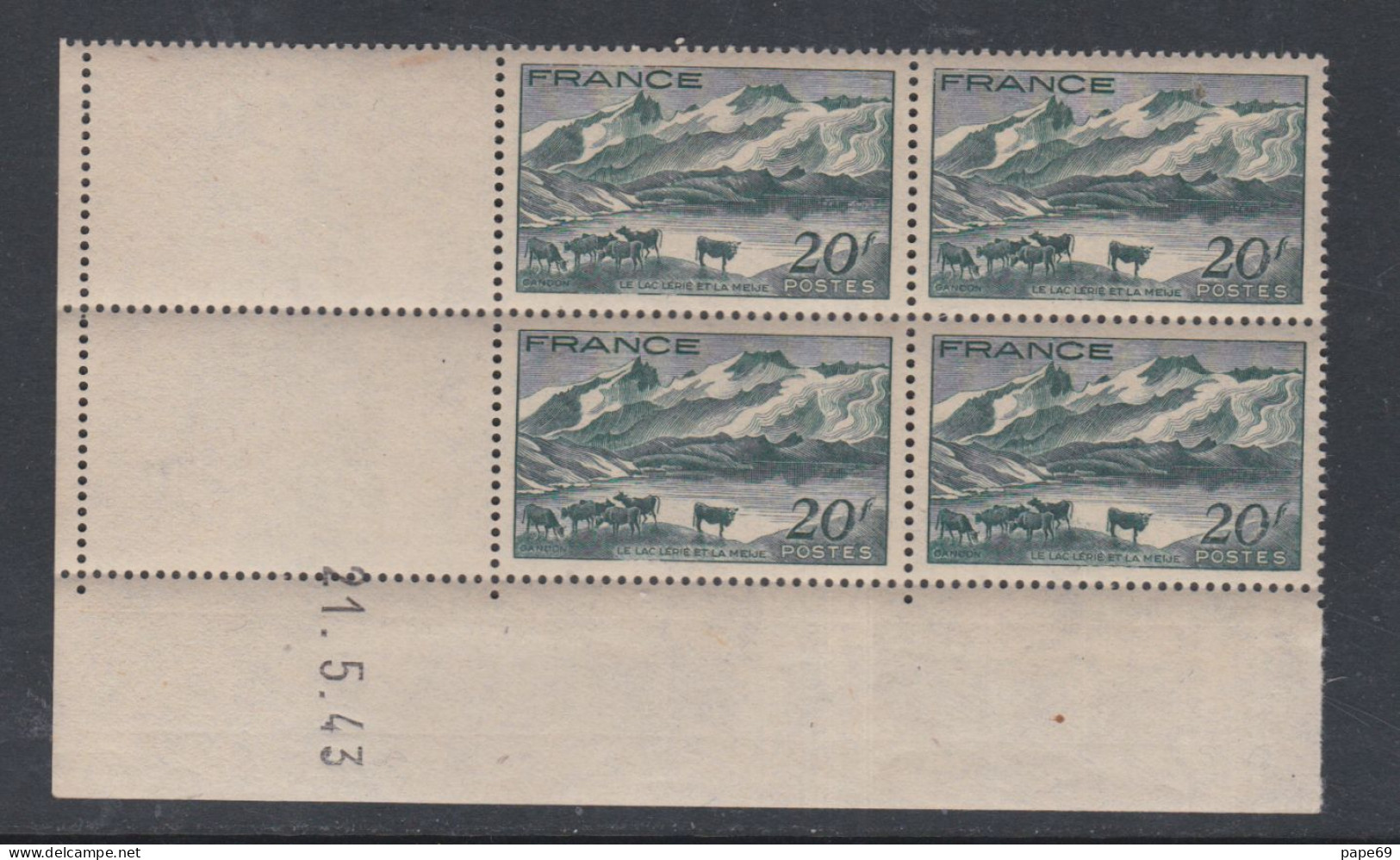 France N° 582 XX  ¨Paysage Du Dauphiné  En Bloc De 4 Coin Daté Du 21 .5. 43  Sans Charnière, TB - 1940-1949