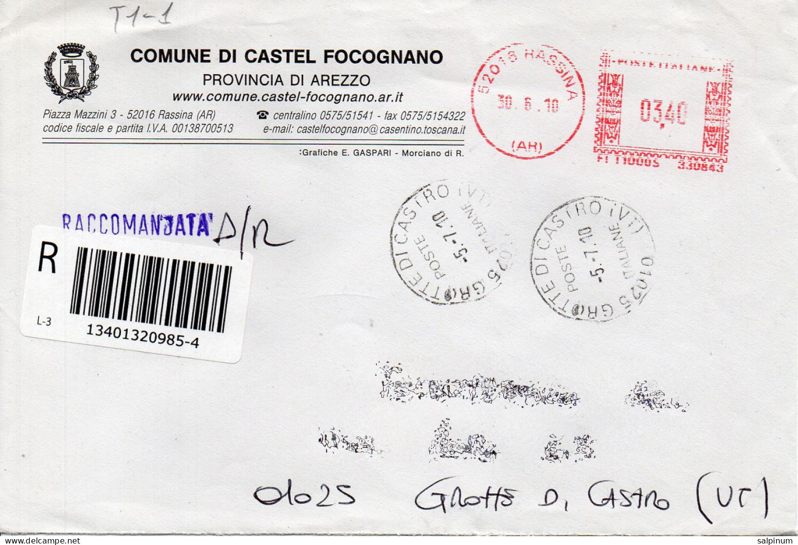 Stemma Comune Di Castel Focognano (Provincia Di Arezzo) Su Busta Tipo 1 Anno 2010 - Briefe U. Dokumente