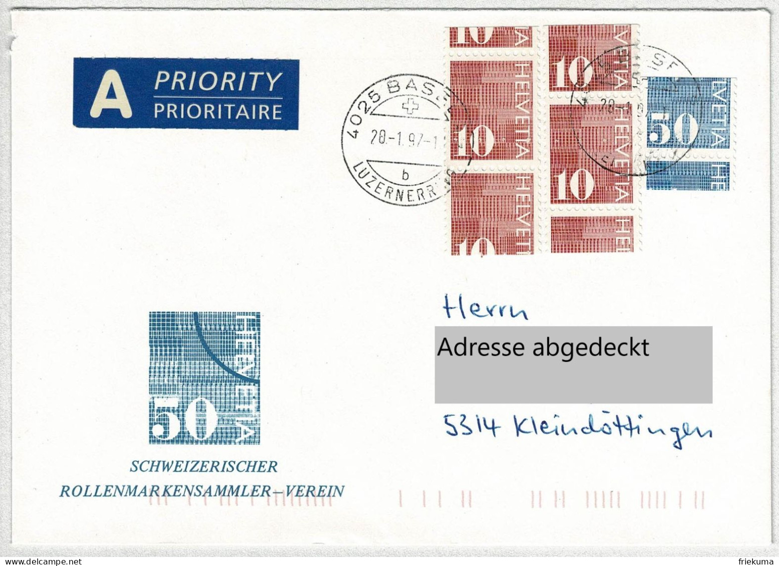 Schweiz 1997, Brief Basel - Kleindöttingen, Automatenmarke Ziffermarken Verschnitten / Error  - Automatenmarken