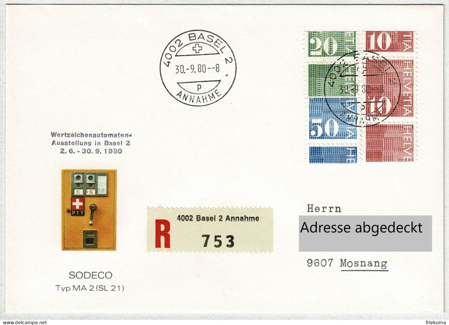 Schweiz 1980, Brief Einschreiben Wertzeichenautmaten-Ausstellung Basel - Mosnang, Ziffermarken Verschnitten / Error - Automatenmarken