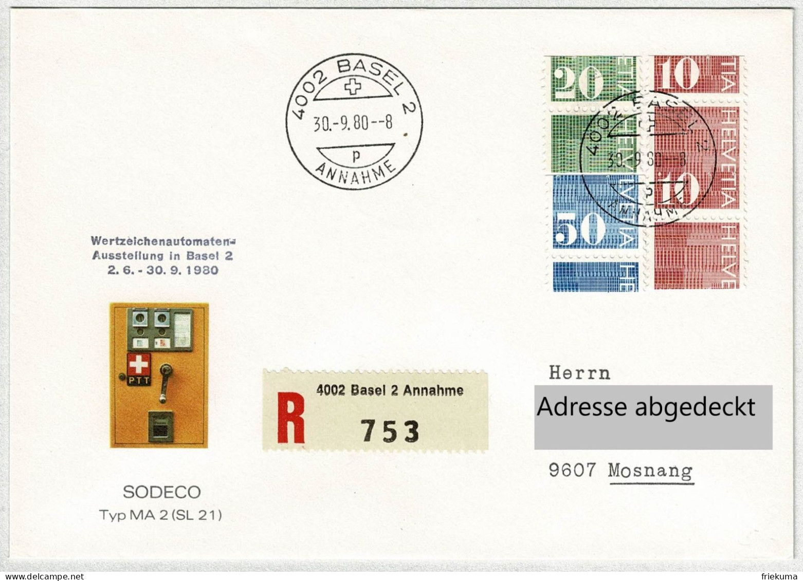 Schweiz 1980, Brief Einschreiben Wertzeichenautmaten-Ausstellung Basel - Mosnang, Ziffermarken Verschnitten / Error - Automatic Stamps