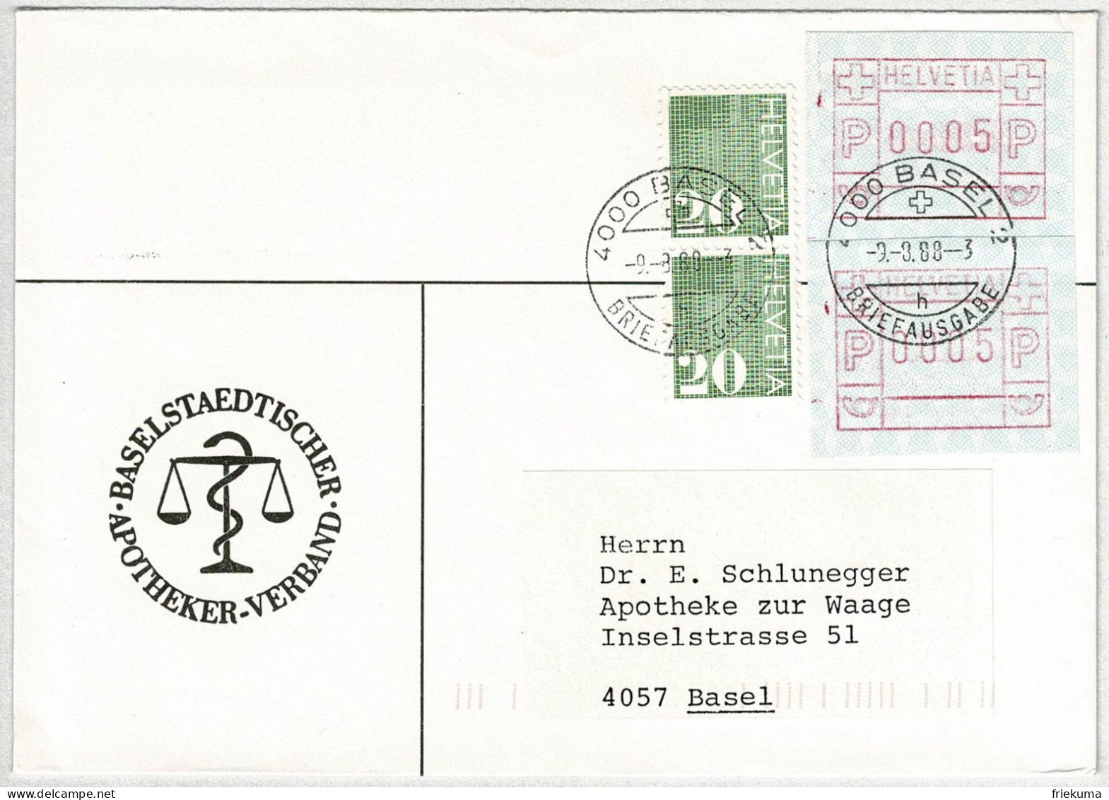 Schweiz 1988, Brief Basel, Automatenmarke / ATM, Mischfrankatur  - Automatenmarken