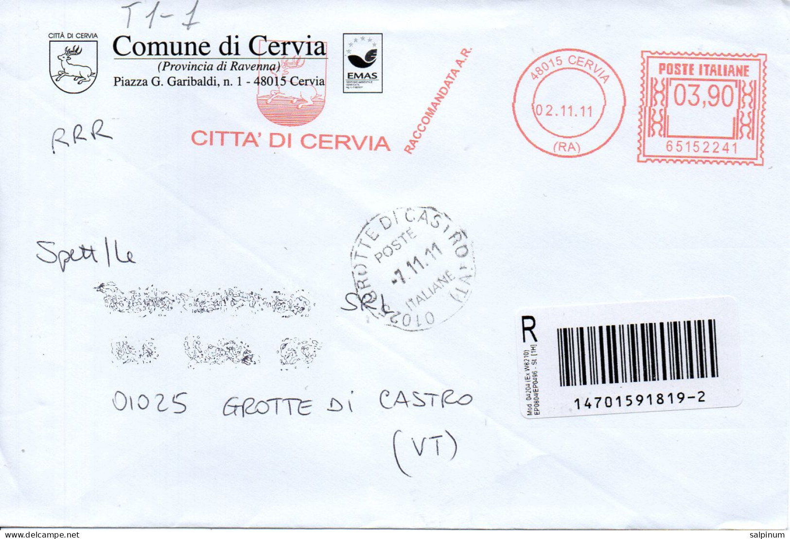 Stemma Comune Di Cervia (Provincia Di Ravenna) Su Busta Tipo 1 Anno 2011 - Covers