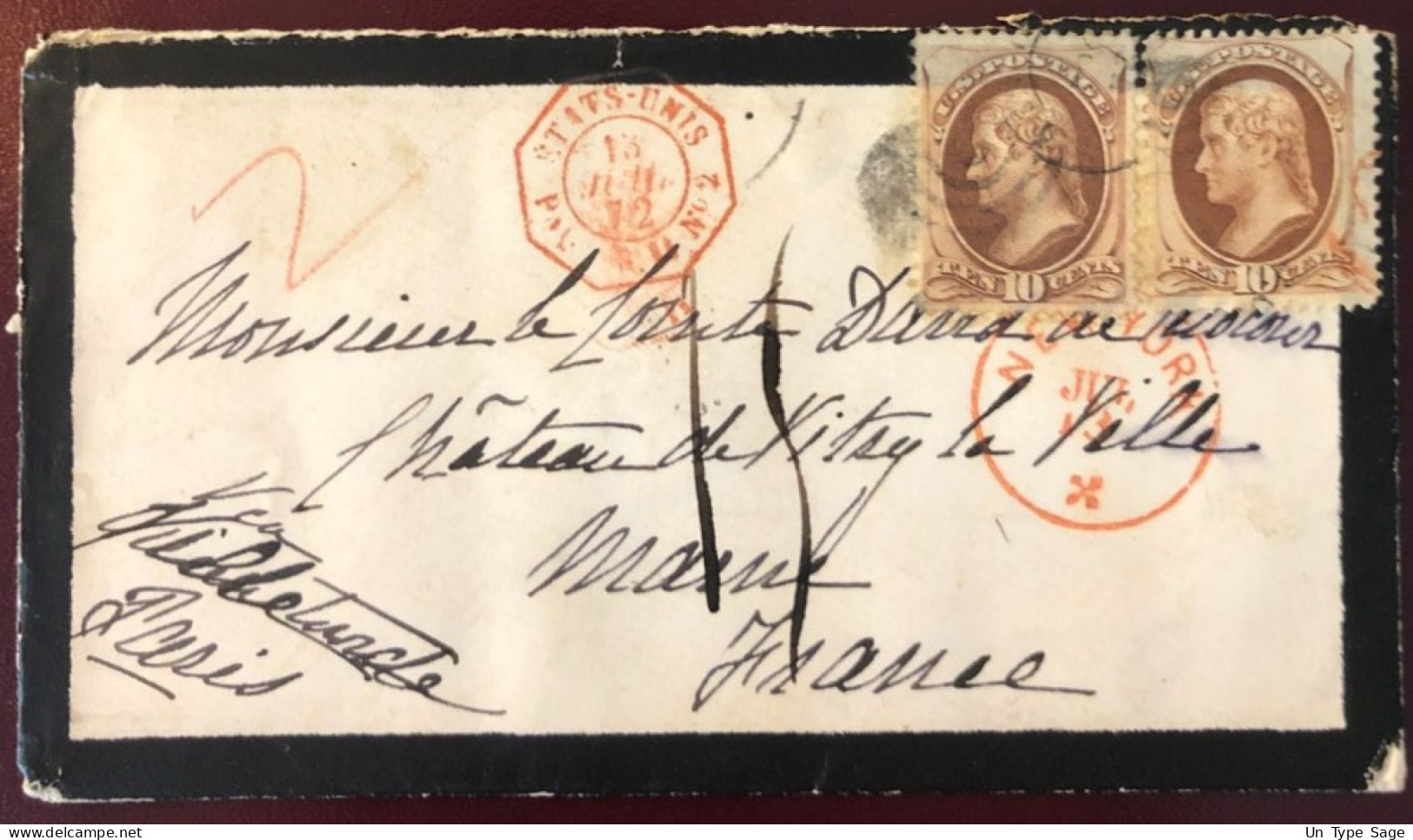 Etats-Unis, N°44 (x2) Sur Enveloppe De NEW-YORK 13.7.1872 Pour Vitry La Ville + Cachet PAQ N°2 - (W1437) - Storia Postale