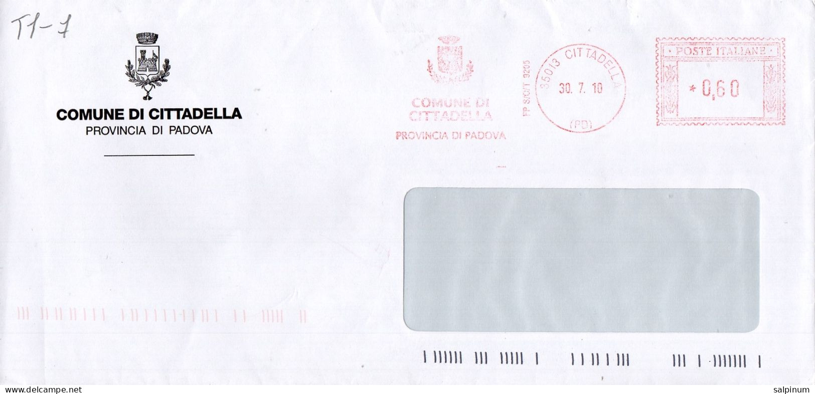 Stemma Comune Di Cittadella (Provincia Di Padova ) Su Busta Tipo 1 Anno 2010 - Covers