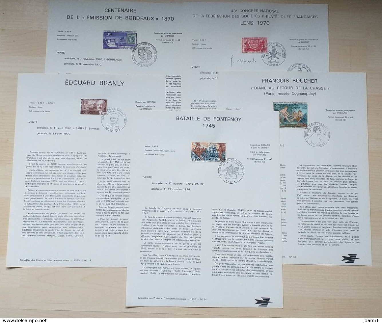 5 NOTICES POSTES ET TELECOMMUCATIONS TIMBRES PREMIER JOUR 1970 N° 14, 20, 31, 34, 36. - Documents De La Poste