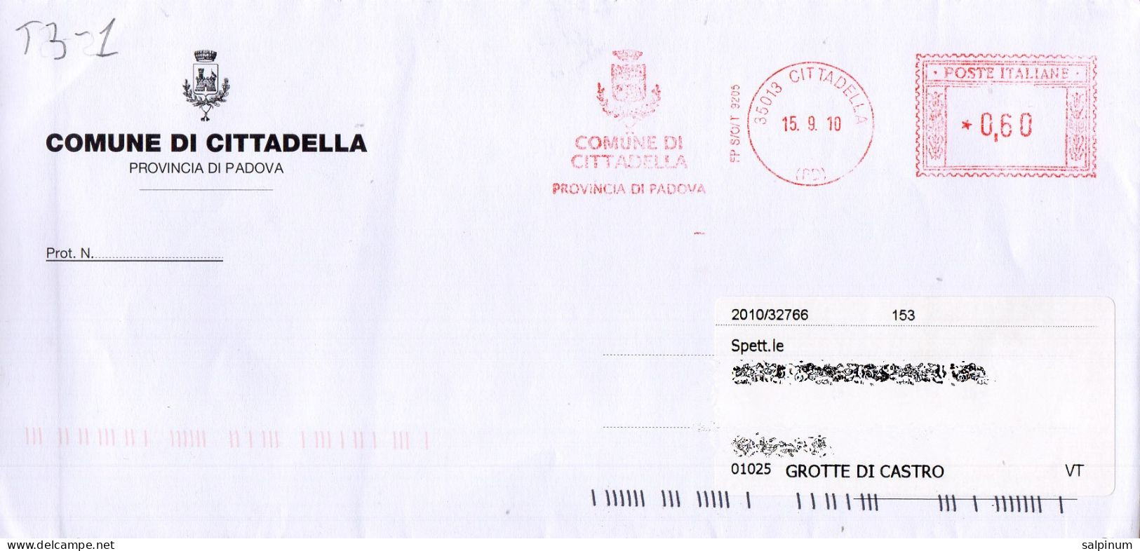 Stemma Comune Di Cittadella (Provincia Di Padova ) Su Busta Tipo 3 Anno 2010 - Sobres