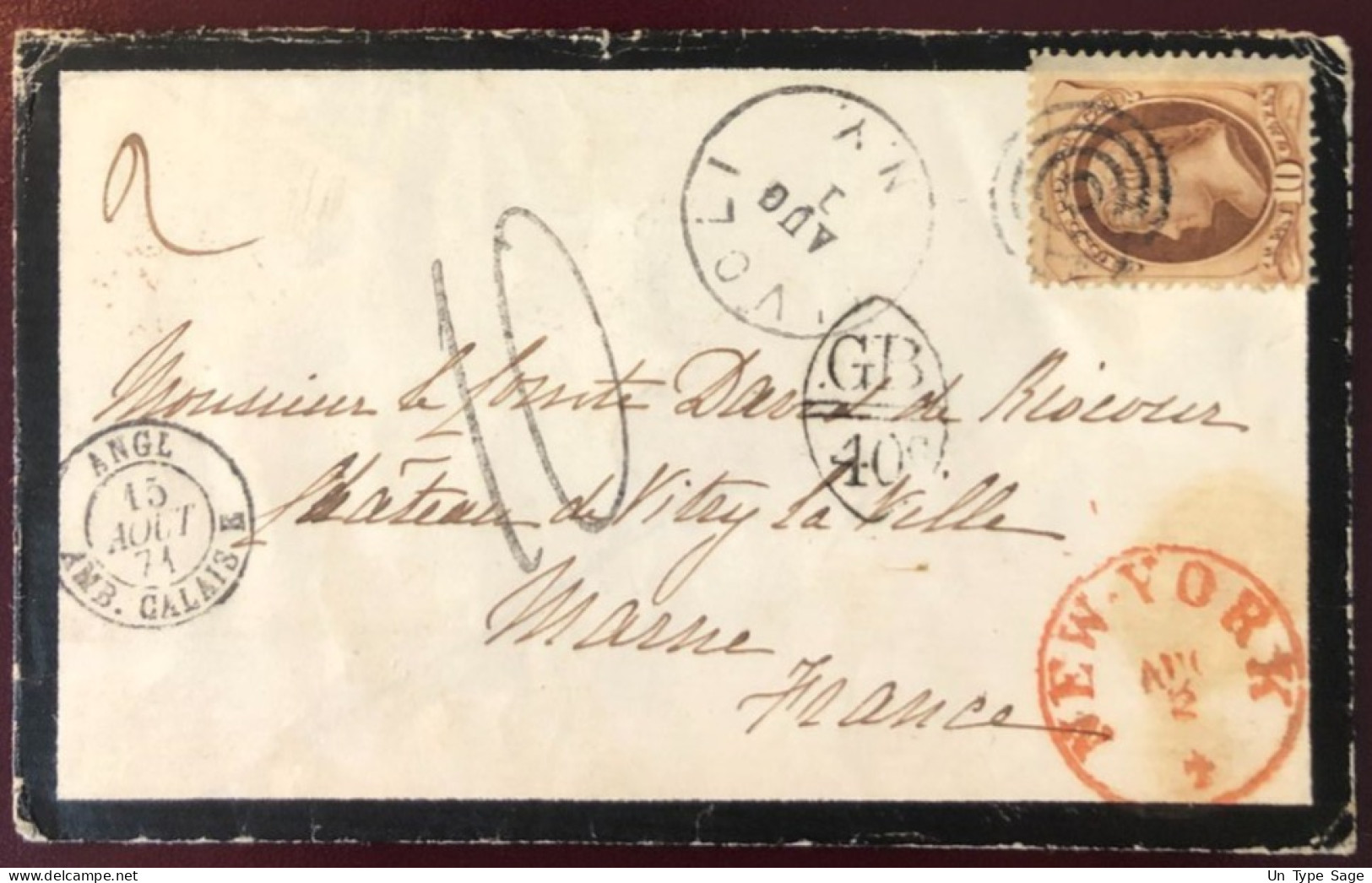 Etats-Unis, N°44 Sur Enveloppe De NEW-YORK 2.4.1871 Pour Vitry La Ville + Marque D'entrée GB/40c. - 2 Photos - (W1439) - Lettres & Documents
