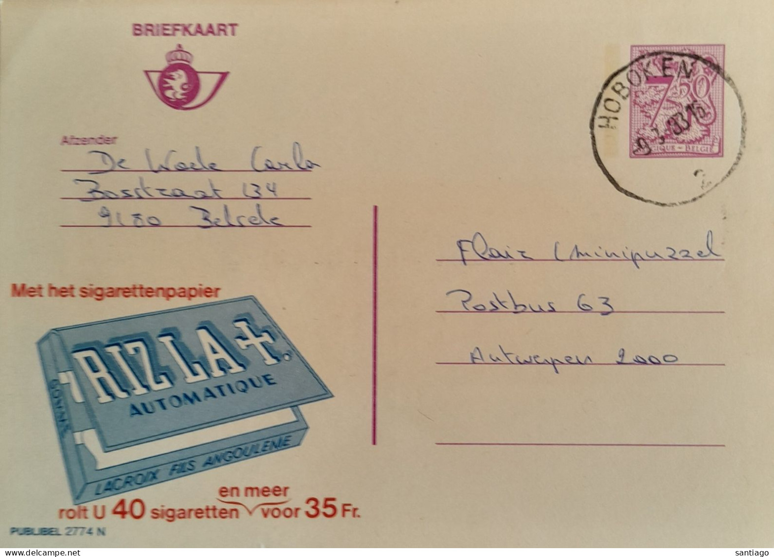 Publibel : Nr 2774 N  :  RIZLA  / Verstuurd Te  HOBOKEN - Werbepostkarten