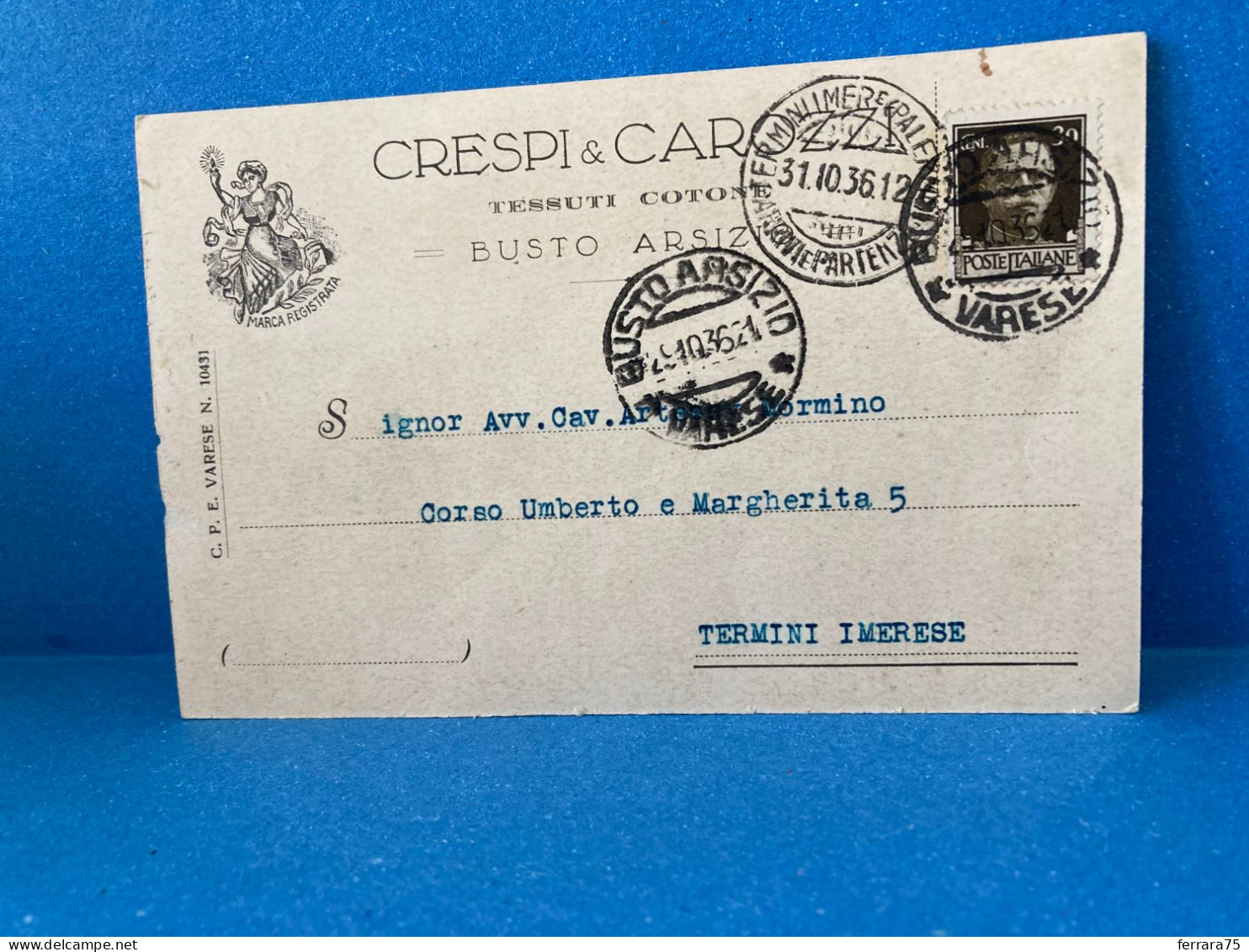 CARTOLINA D'EPOCA CRESPI E CARROZZI TESSUTI  COTONE BUSTO ARSIZIO 1936. - Unclassified