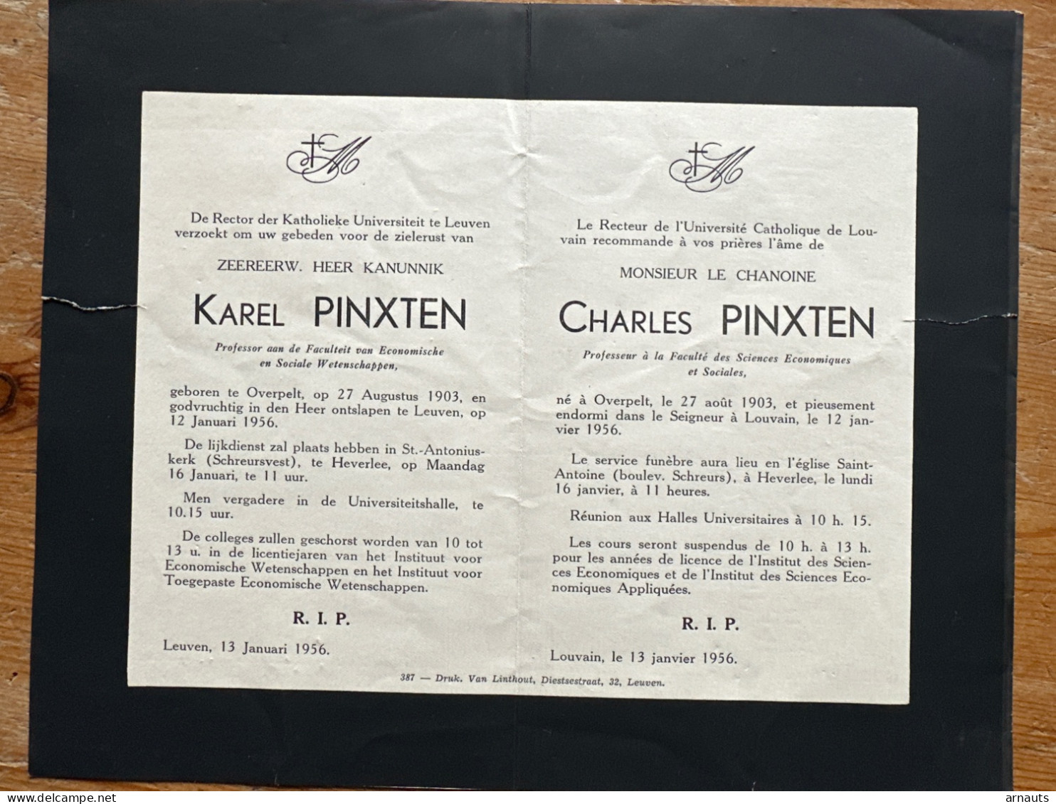 Rector Kath. Univ Leuven KUL U Gebed Kanunnik Karel Pinxten *1903 Overpelt +1956 Leuven Heverlee Prof Econ. Wetenschappe - Obituary Notices