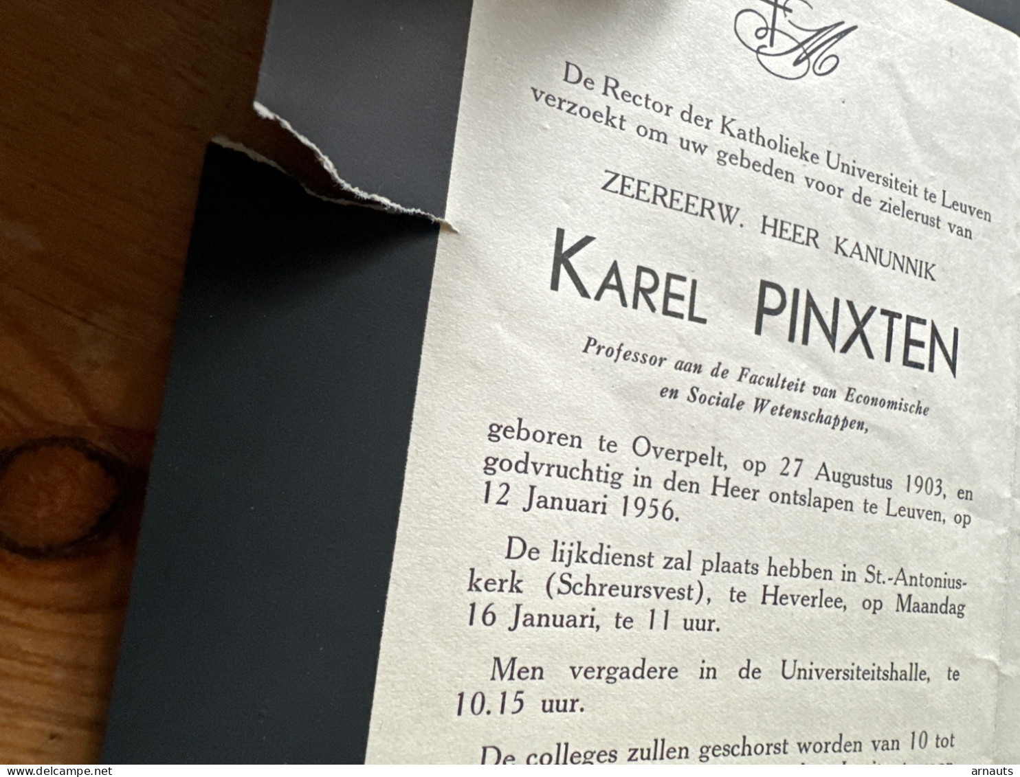 Rector Kath. Univ Leuven KUL U Gebed Kanunnik Karel Pinxten *1903 Overpelt +1956 Leuven Heverlee Prof Econ. Wetenschappe - Esquela