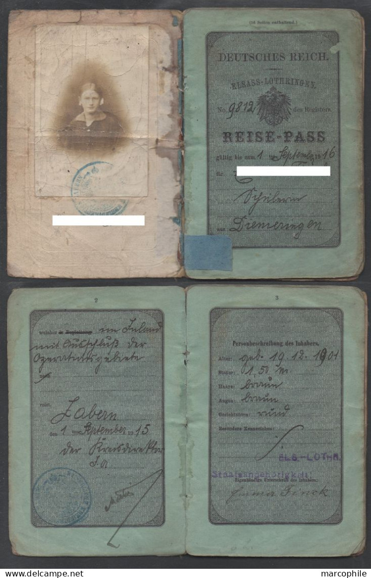 1915 DIEMERINGEN - ALSACE - TIMBRES  FISCAUX SUR PASSEPORT COMPLET  ET PROROGE 2 FOIS (ref 4437) - Brieven En Documenten