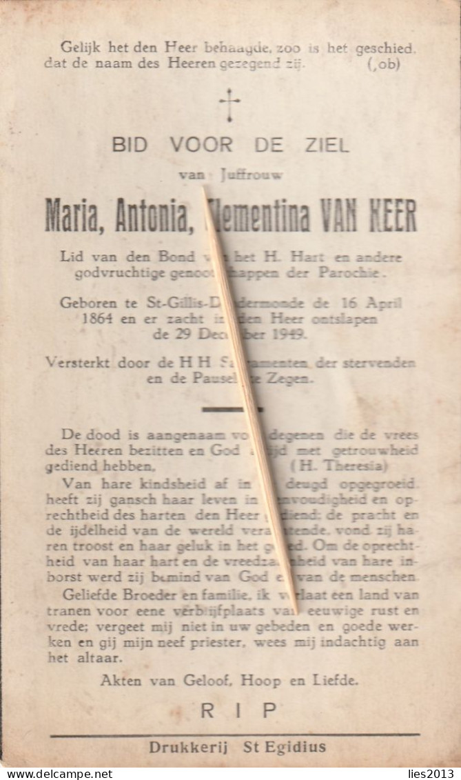 Sint-Gillis-Dendermonde, 1949, Maria Van Keer, - Devotion Images
