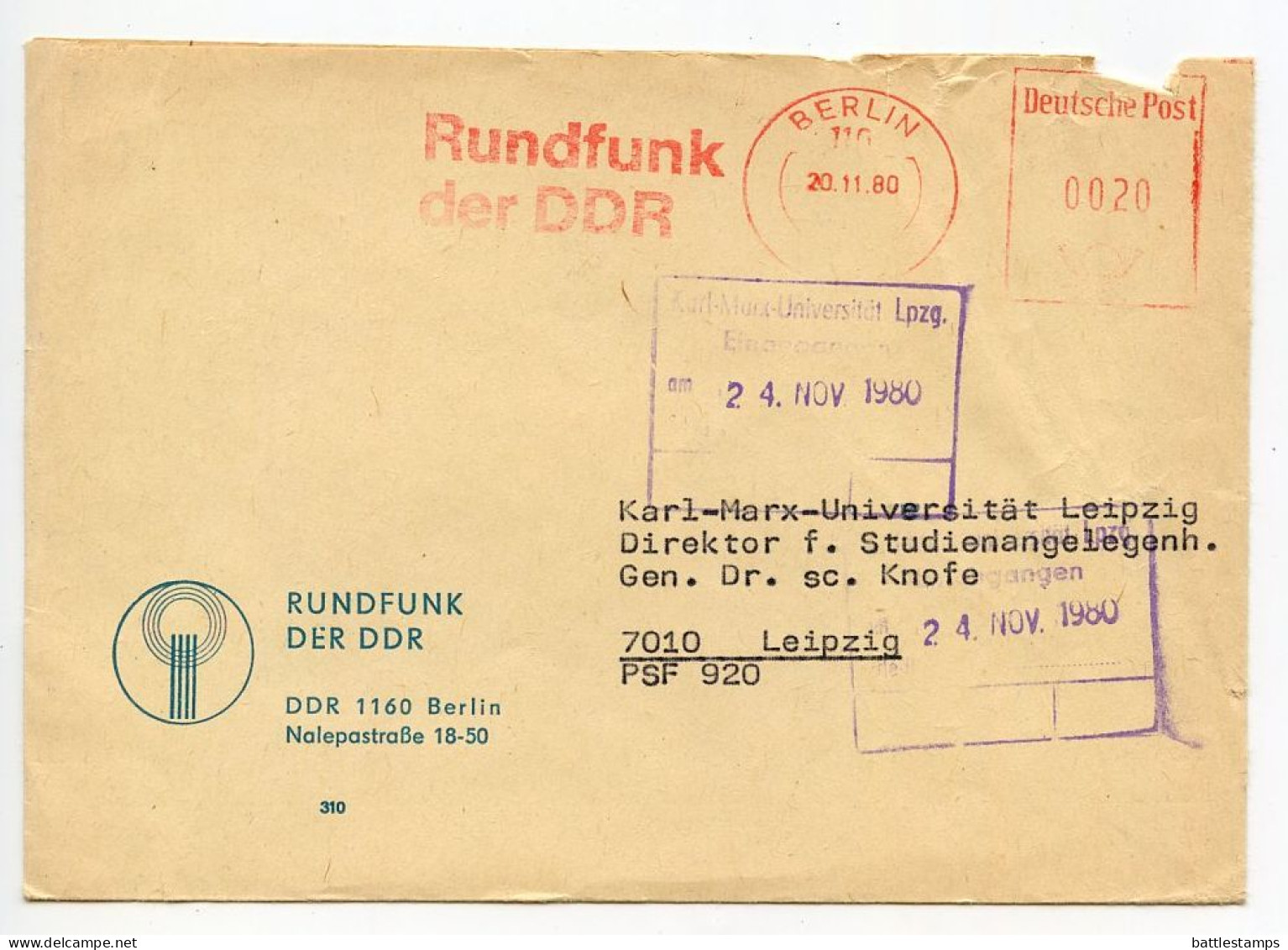 Germany, East 1980 Meter Cover; Berlin - Rundfunk Der DDR (GDR Radio) To Leipzig, Karl-Marx-Universitat - Frankeermachines (EMA)