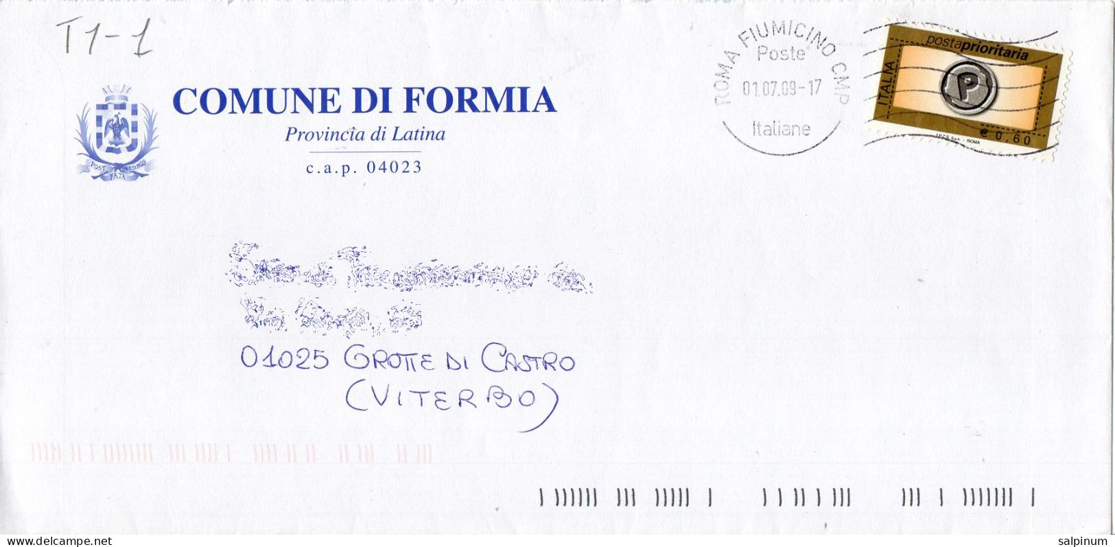 Stemma Comune Di Formia (Provincia Di Latina) Su Busta Tipo 1 Anno 2009 - Enveloppes