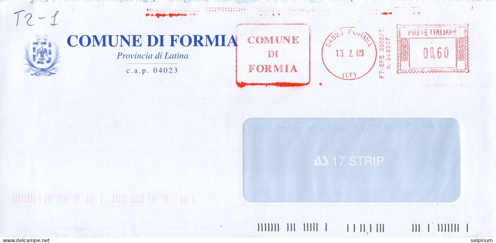 Stemma Comune Di Formia (Provincia Di Latina) Su Busta Tipo 2 Anno 2009 - Briefe U. Dokumente