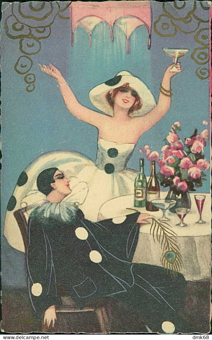 CHIOSTRI SIGNED 1920s POSTCARD - PIERROT & COLOMBINE DRINKING CHAMPAGNE - EDIT BALLERINI & FRATINI 197 (5622) - Chiostri, Carlo