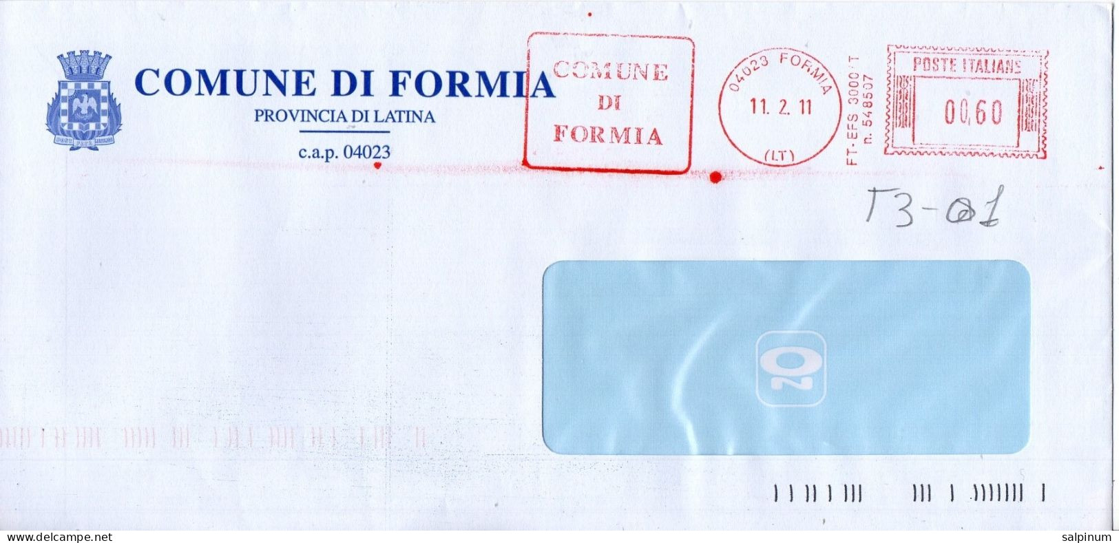 Stemma Comune Di Formia (Provincia Di Latina) Su Busta Tipo 3 Anno 2011 - Enveloppes