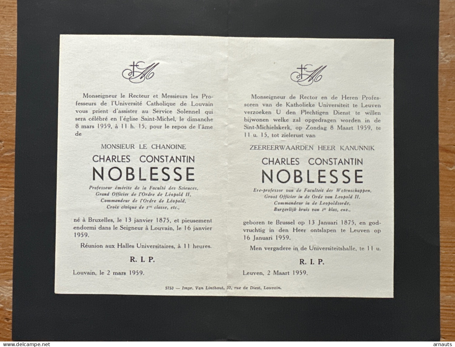 Rector Kath. Univ Leuven KUL U Gebed Kanunnik Charles Noblesse *1875 Bruxelles +1959 Louvain Prof Fac. Wetenschappen - Obituary Notices