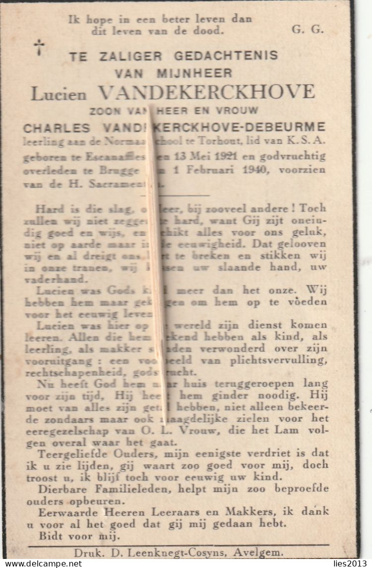 Escanaffles, Brugge, Torhout, 1940, Lucien Vandekerckhove, Debeurme - Images Religieuses