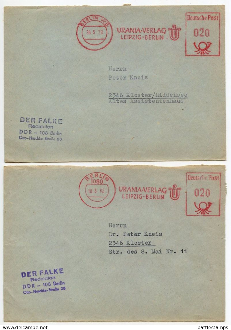 Germany, East 1979 & 1982 2 Meter Covers; Berlin - Urania-Verlag (Publishing) To Kloster / Hiddensee - Franking Machines (EMA)