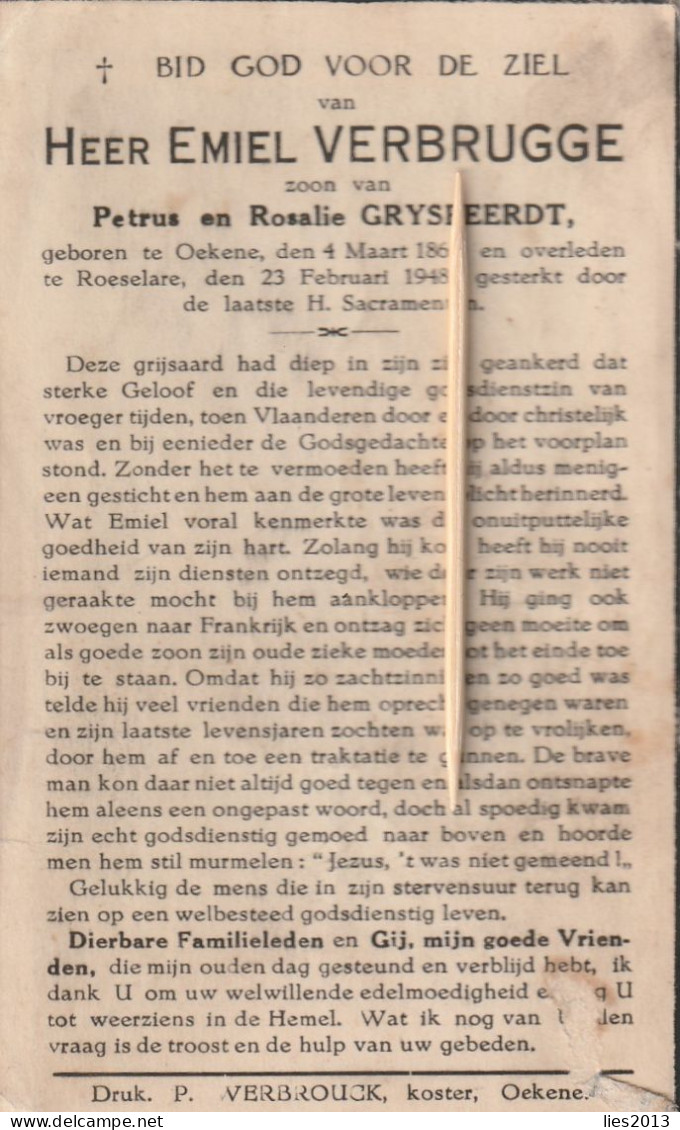 Oekene, 1948, Emiel Verbrugge, Gryspeerdt - Images Religieuses