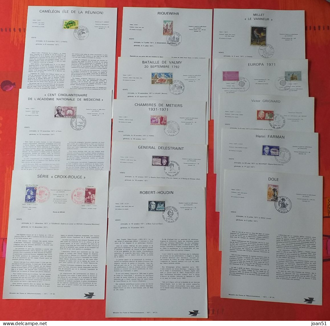 13 NOTICES POSTES ET TELECOMMUCATIONS TIMBRES PREMIER JOUR 1971 N° 10, 14, 16, 17, 24, 25, 28, 29, 30, 31, 32, 34, - Documents De La Poste