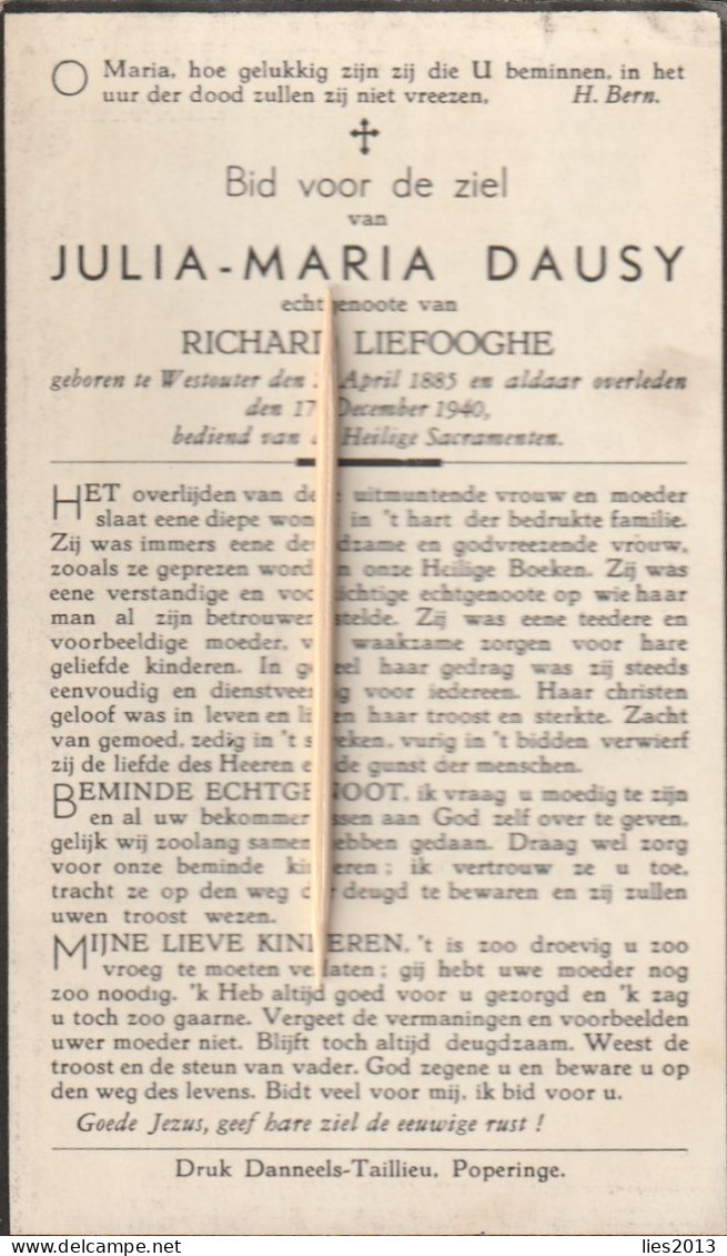 Westouter, 1940, Julia Dausy, Liefooghe - Devotieprenten