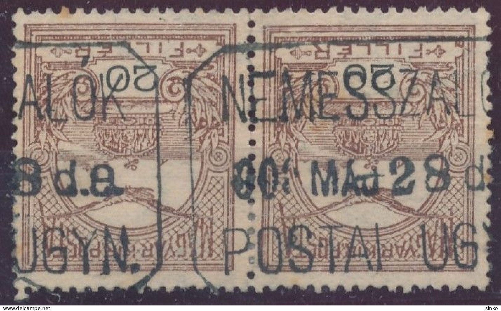 1906. Turul 20f Stamp Pair, NEMESSZALOK POSTAL AGENCY - Oblitérés