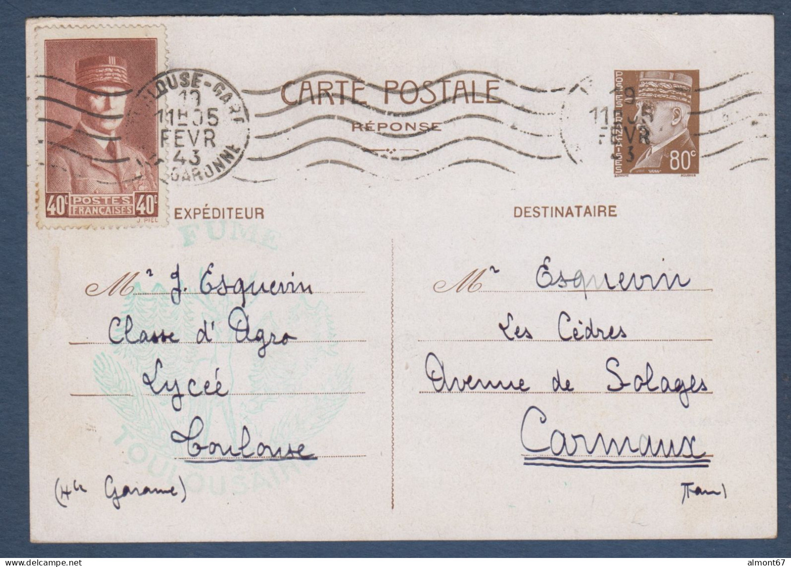 Carte Réponse  80c Pétain Avec Complément 40c Pétain - Postales Tipos Y (antes De 1995)