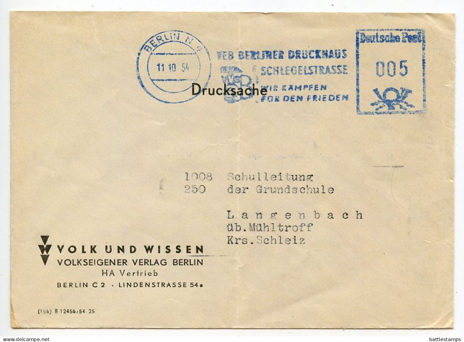 Germany, East 1954 Meter Cover; Berlin to Langenbach; Volk Und Wissen, Volkseigener Verlag (Publisher) - Franking Machines (EMA)