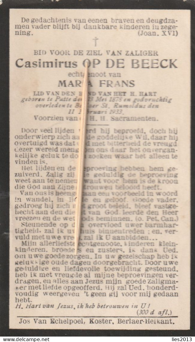Berlaar, Berlaer, Putte, 1933, Casimirus Op De Beeck, Frans - Santini