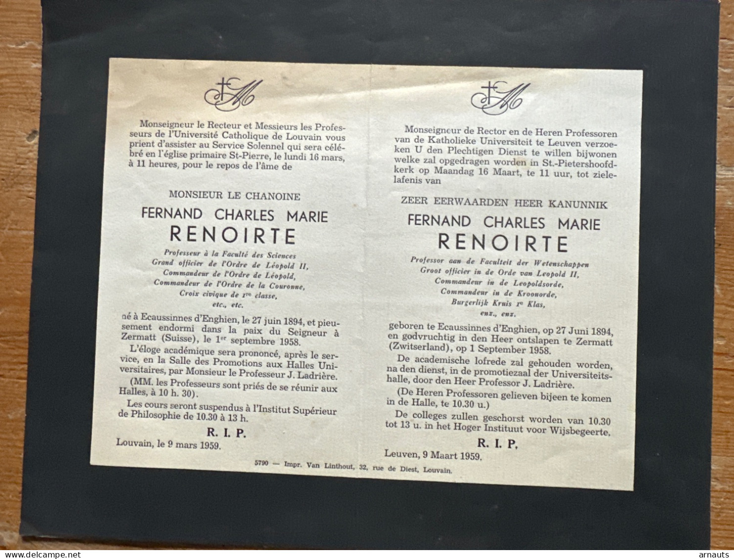 Rector Kath. Univ Leuven KUL U Gebed Chanoine Fernand Renoitre *1894 Ecaussinnes D’Enghien +1958 Zermatt Suisse Prof Wet - Obituary Notices