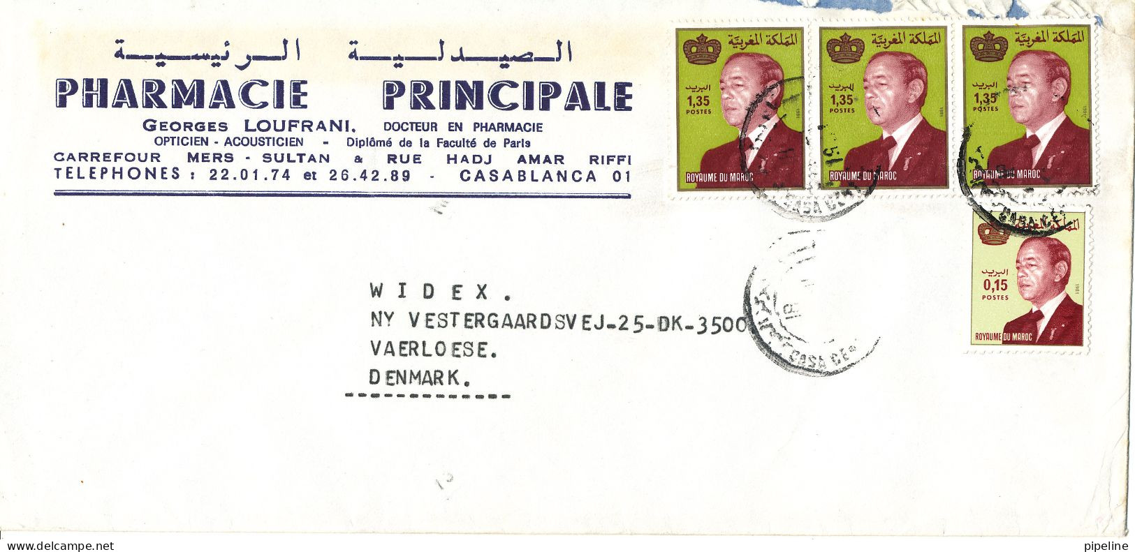 Morocco Cover Sent To Denmark The Cover Is Damaged At The Top In The Right Side - Marruecos (1956-...)