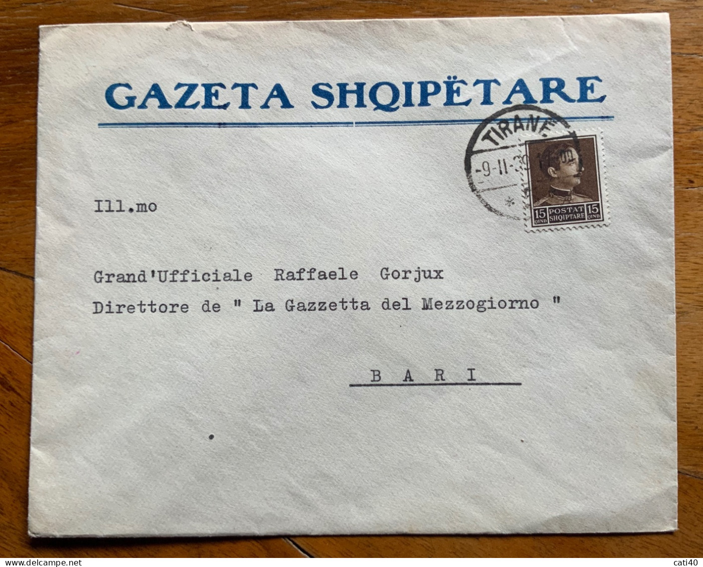 ALBANIA - GAZETA  SHQIPETARE - BUSTA  GIORNALE DA TIRANA 9/11/39 A RAFFAELE GORJUX DIRETTORE GAZZETTA DEL MEZZOGIORNO - Albanie