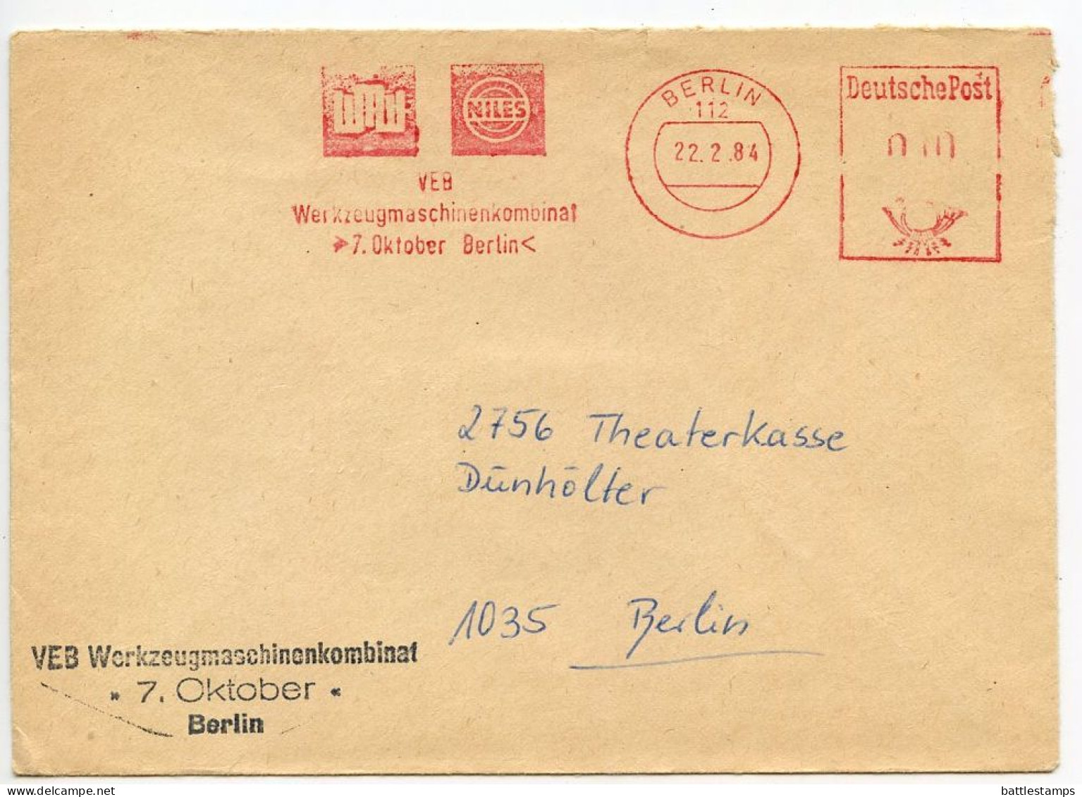 Germany, East 1984 Meter Cover; Berlin - VEB Werkzeugmaschinenkombinat 7. Oktober Berlin - Franking Machines (EMA)