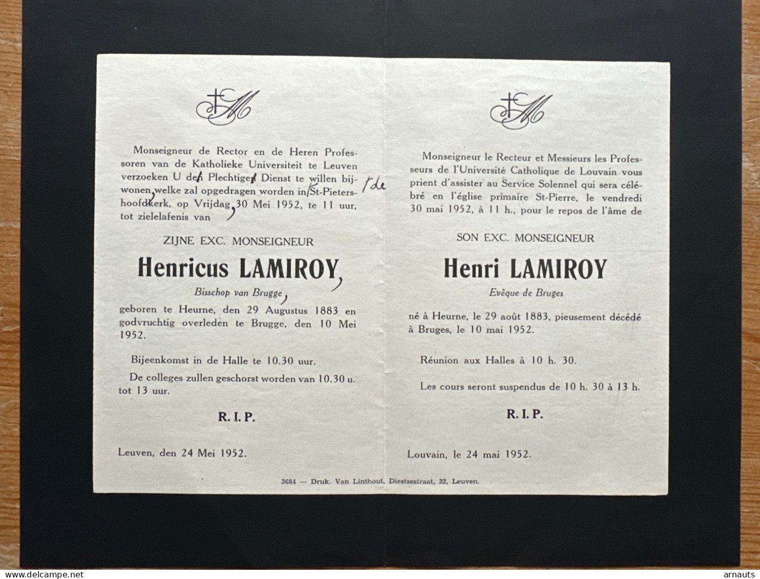 Rector Kath. Univ Leuven KUL Verzoek U Gebed Monseigneur Hebricus Lamiroy Bisschop Van Brugge *1883 Heurne +1952 Brugge - Obituary Notices